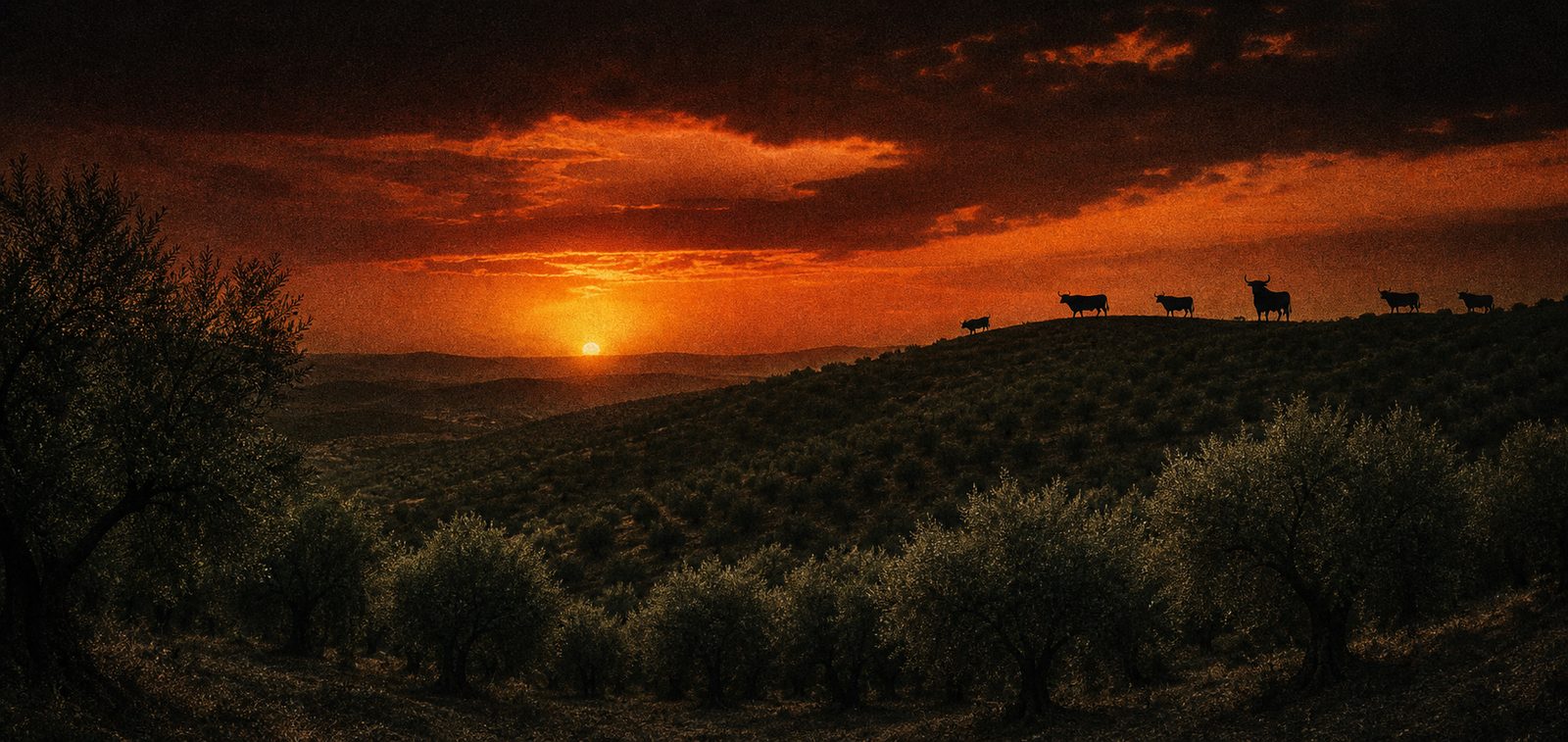 Atardecer sobre un olivar español con toros en la loma